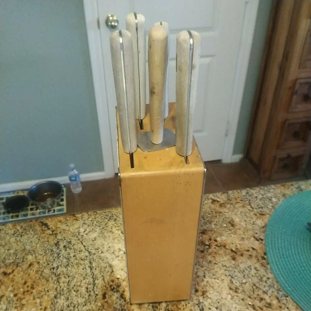 RARE IKEA 5 Wood Handle Knives 6 Piece Set Including Stainless Wood Block